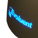 VerticalMouse 4 Small, Closeup of Backlit Evoluent Logo at Back of Mouse